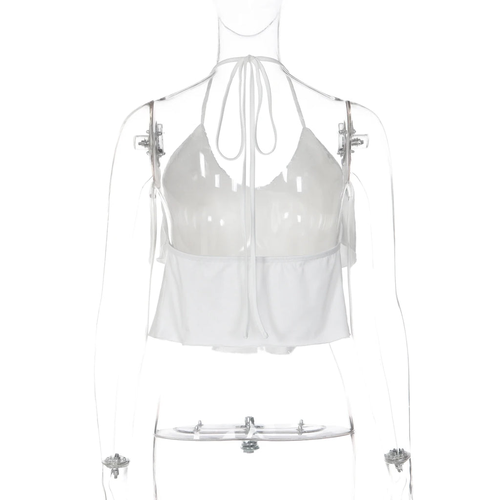 Dulzura Women'S Sexy Backless Lace Up Ruffle Halter Crop Camisole Solid Casual Y2K Top Street Vacation Beach Style Summer Outfit