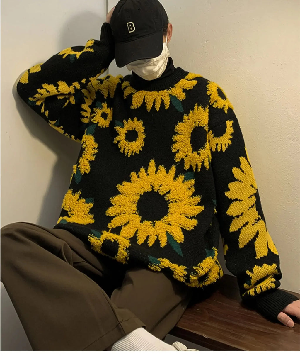 Flocking Floral Sweaters Men Baggy Spring Autumn Japanese Style Retro   High Street Harajuku Knitwear Slouchy Ins