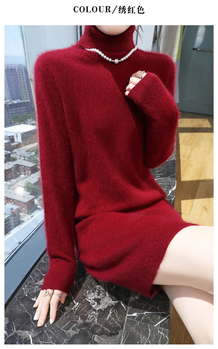 New Hot Selling 100% Mink Cashmere Knitted Women's High Neck Pullover Dress Sweater Slim Fit Solid Color Long Women's Dress