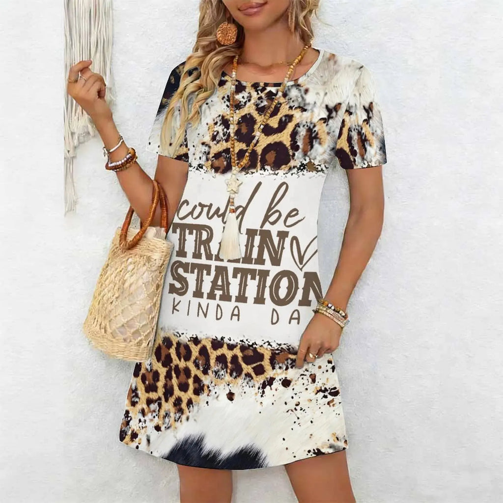 Women's Classic Leopard Print Short Sleeve Round Neck Midi Dress Loose Casual A Line Daily Wear Dress
