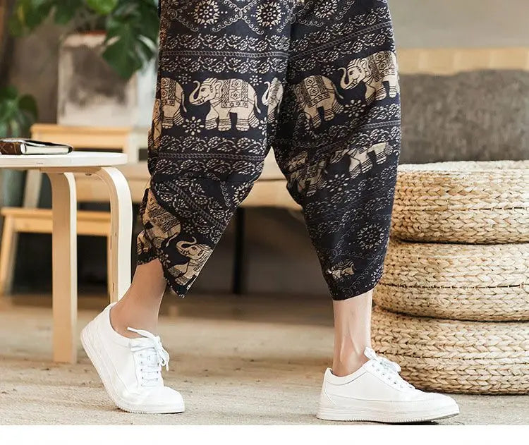 Men's Casual Cotton Linen Seven-Foot Pants Summer plus Size Lantern Loose Fit Shorts Harlan Style Comfortable Breathable Leis...