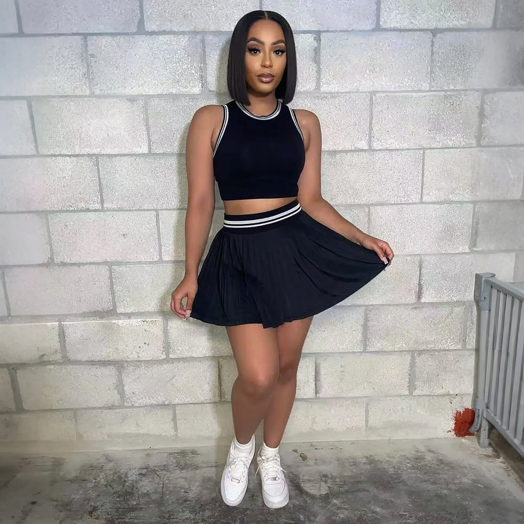 M3089 Women Solid Color Two Piece Set Sleeveless Crop Top & High Waist Pleated Mini Skirt Tennis Style Outfit
