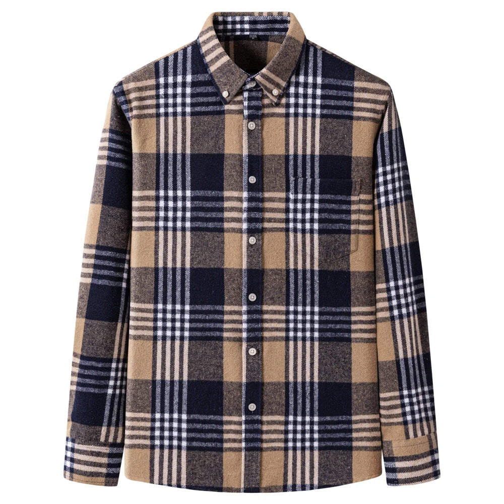 Men's Long Sleeve Flannel Plaid Shirt - Soft Pure Cotton, Button Down Shirts Thick Autumn Winter - Weekend Casual, Going Out