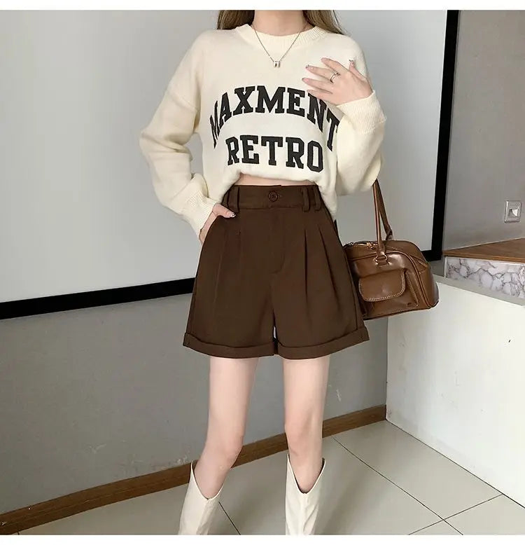 Women Office Lady Summer 2025 Solid Brown Thick High Waist Shorts Korean Style Wide Leg Boot Pants