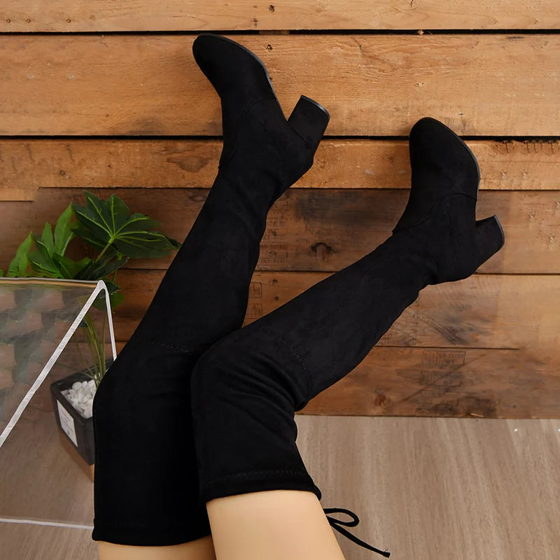 Autumn Winter Stretch Slim Long Boots Women Thick Heels Over The Knee Boots Woman Lace Up Platform Thigh High boots