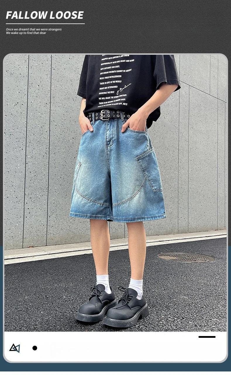 2026 Summer New Baggy Denim Shorts Fashion Casual Straight Harajuku Jeans Male Vintage Wash Drawstring Short Pants Streetwear