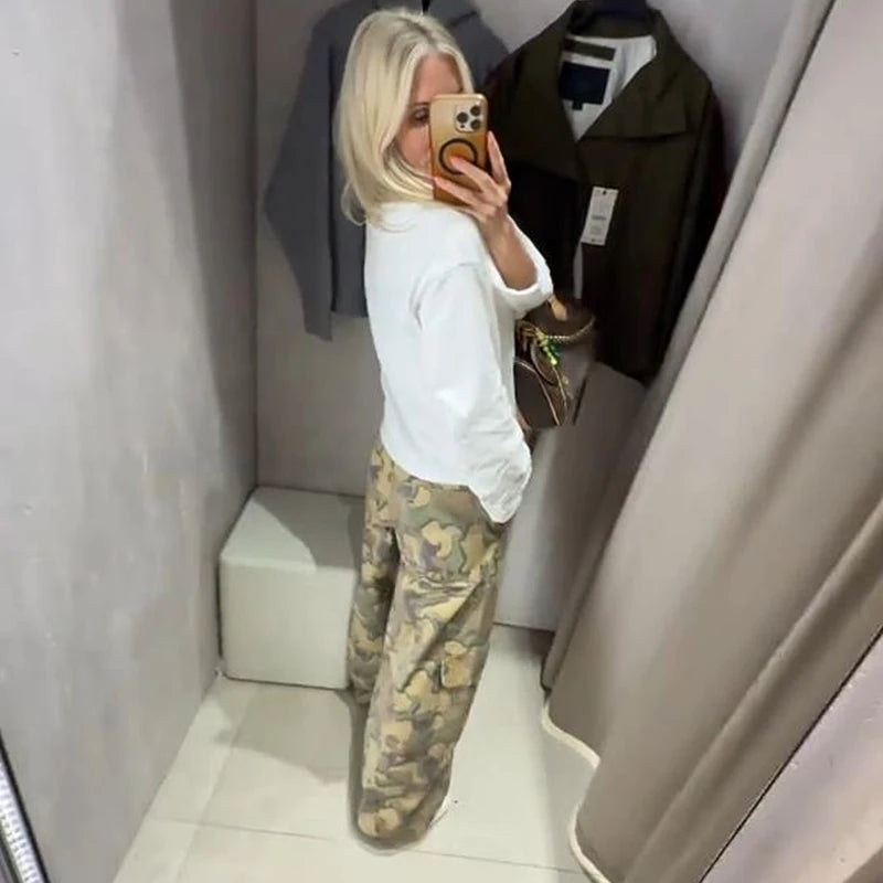 Camo Print Drawstring Waist Women Pants Wide Leg Loose Cut Drawstring Hem Relaxed Fit Casual Trouser Streetwear 2026 New Fashion