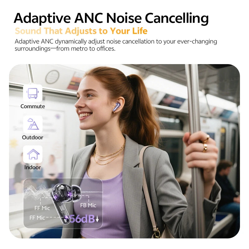 QCY MeloBuds N70 Adaptive ANC Wireless Earbuds Bluetooth 6.0 LDAC Hi-Res Audio 6 Mics Wireless Charging Earphones 50Hrs IPX5