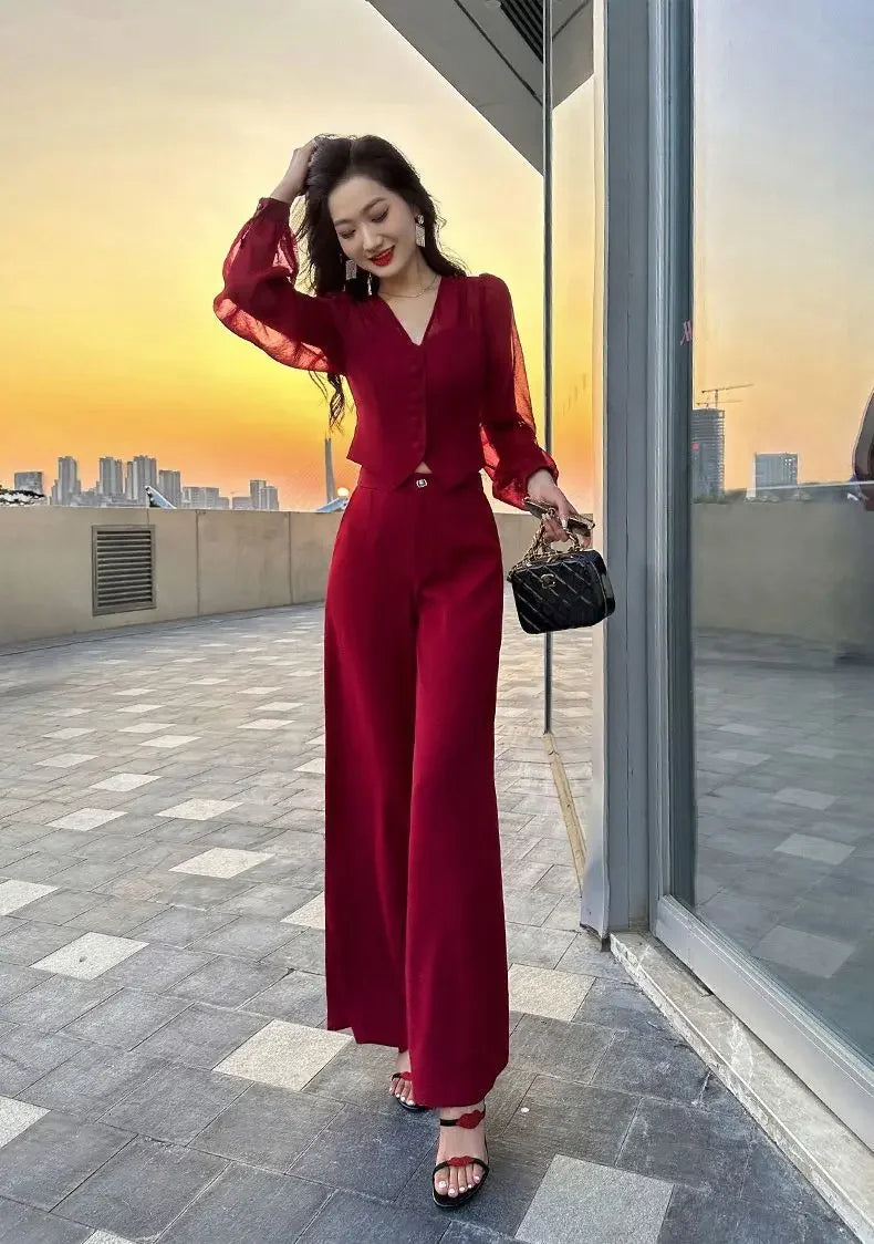 Women Pant Sets for 2 Pieces Red Sexy Holiday Outfits Trousers Woman Spring Autumn Shirt Blouse and Clothing Sales Luxury Full D