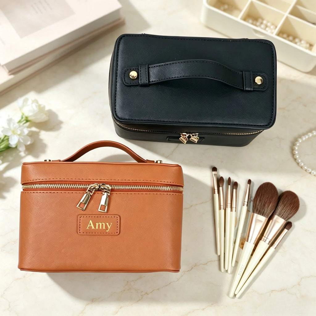 Customized Name PU Leather Cosmetic Bag with Zoned Storage and Large Capacity Travel Toiletry Bag for Autumn Winter New Arrivals