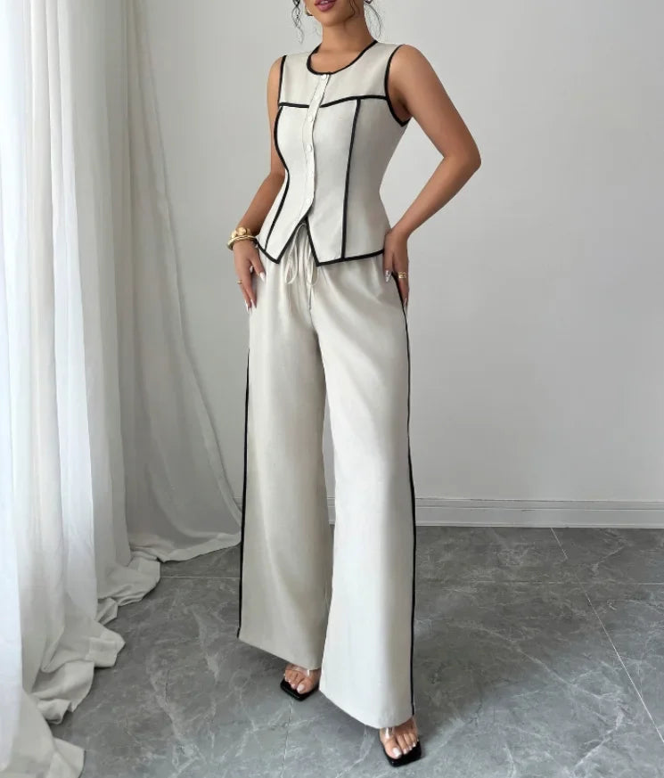 New Women's Elegant Button Vest & Wide Leg Pants Set Temperament Two Piece Outfits Woman Summer Fashion Two-Piece Casual Sets