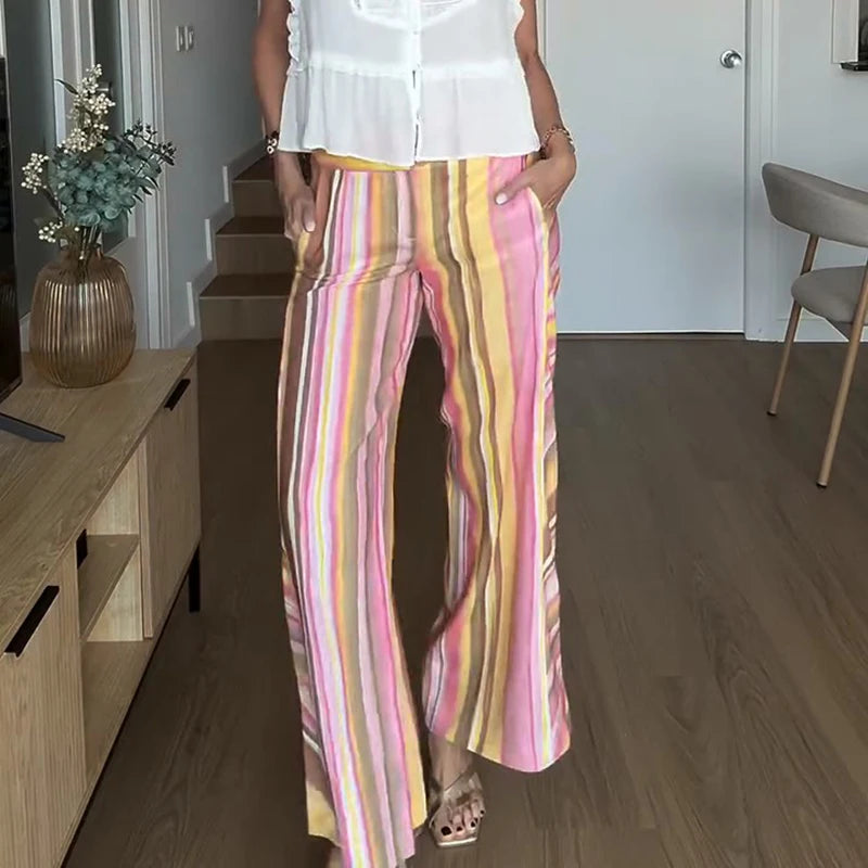 Casual Stripe Contrast Women's Pants Loose Zipper Button Pocket Wide Leg Female Pant 2026 Spring Summer Lady All-match Trousers