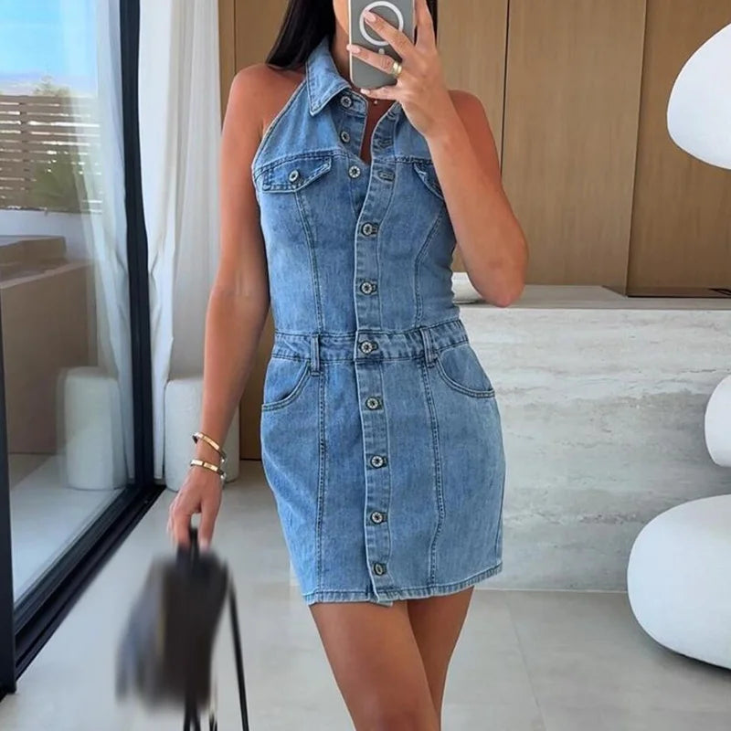 Fashion Lapel Sleeveless Slim Party Mini Dress Sexy High Waist Pocket A-line Dress Summer New Single Breasted Denim Short Dress