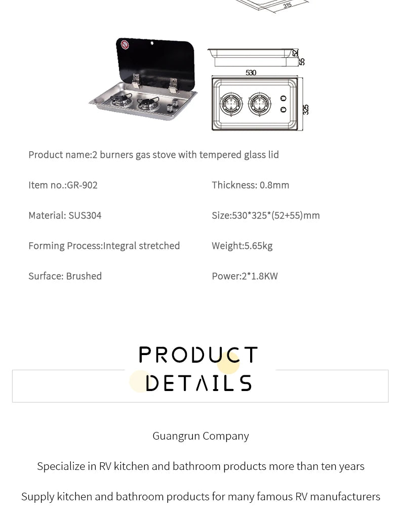 High Quality Two-Burner Gas Stove For Indoor Use Safe Tempered Glass Lid For RV Motorhome Caravan Boat