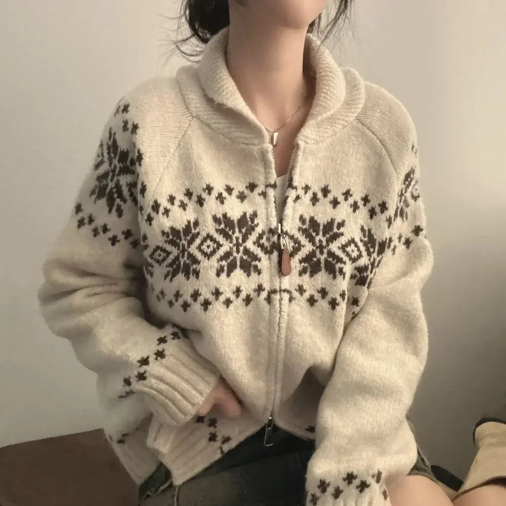 New Autumn Winter Women Fashion Elegant Knitwear Long Sleeve Sweater Fall Korean Style Casual Knitted Top Zipper Lapel Jacket