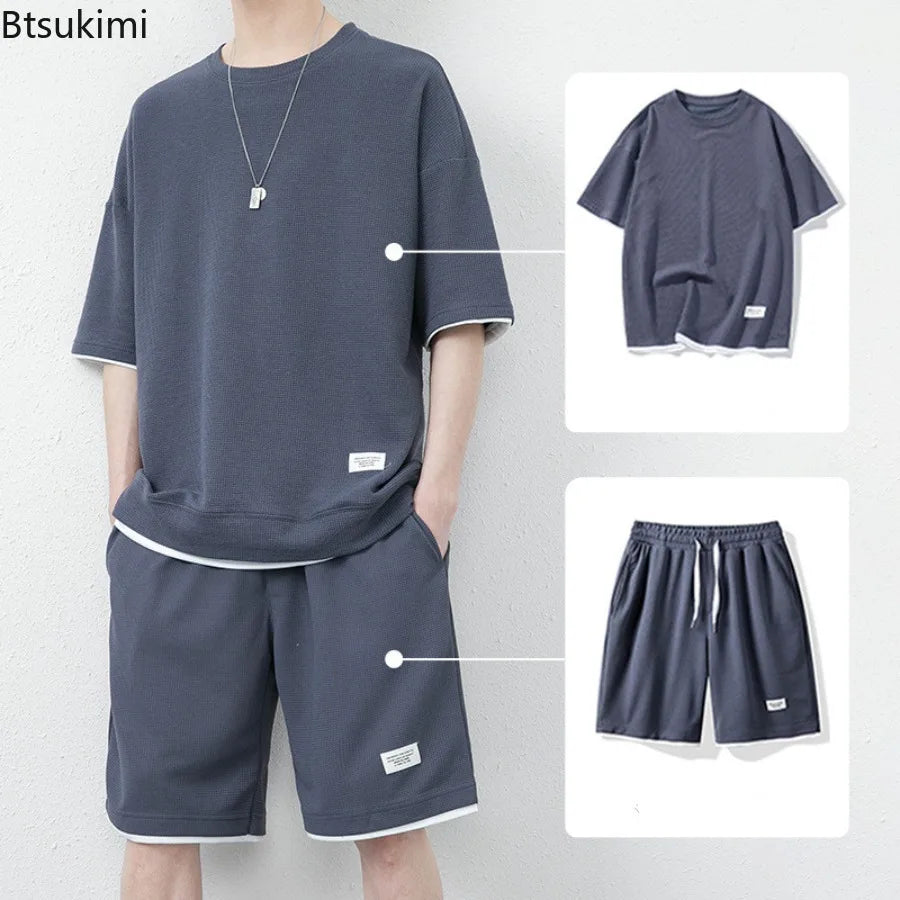 Summer Solid Waffle Tracksuits 2026 Men's Short Sleeve Shorts Casual Two Piece Sets Loose Breathable Men Clothes Joggers Outfits