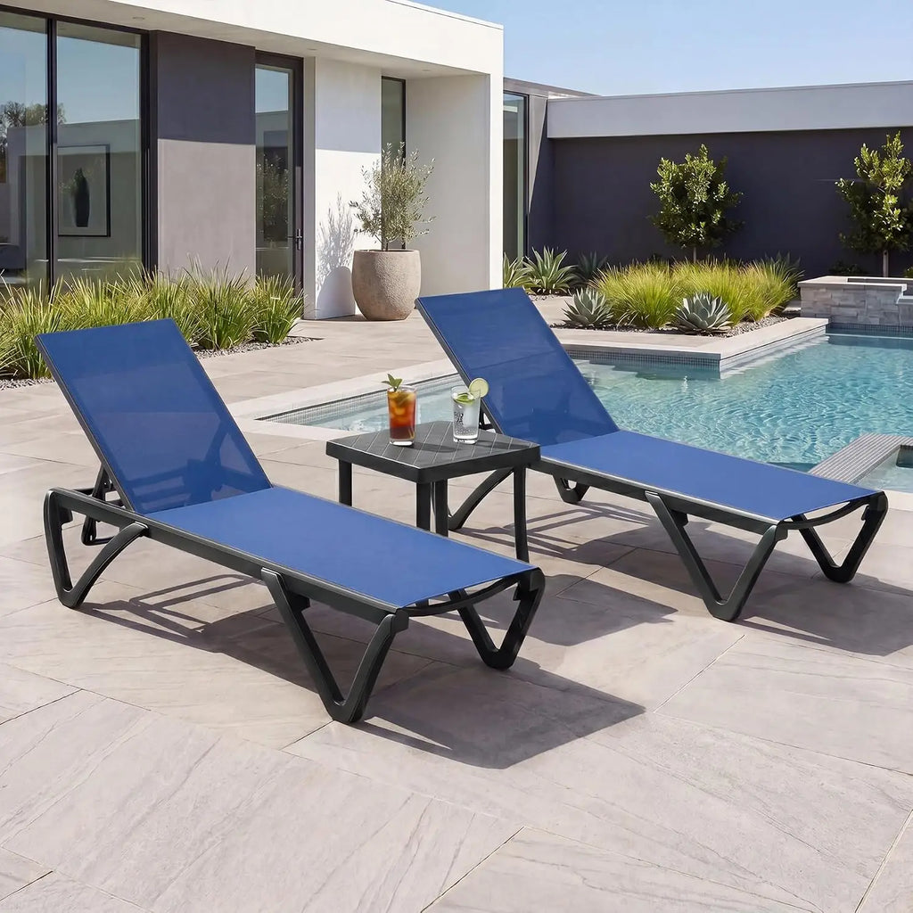 Aluminum Outdoor Chaise Lounge Set 2 with Table Wheels Adjustable Textilene All Weather Poolside Patio Deck, Customized