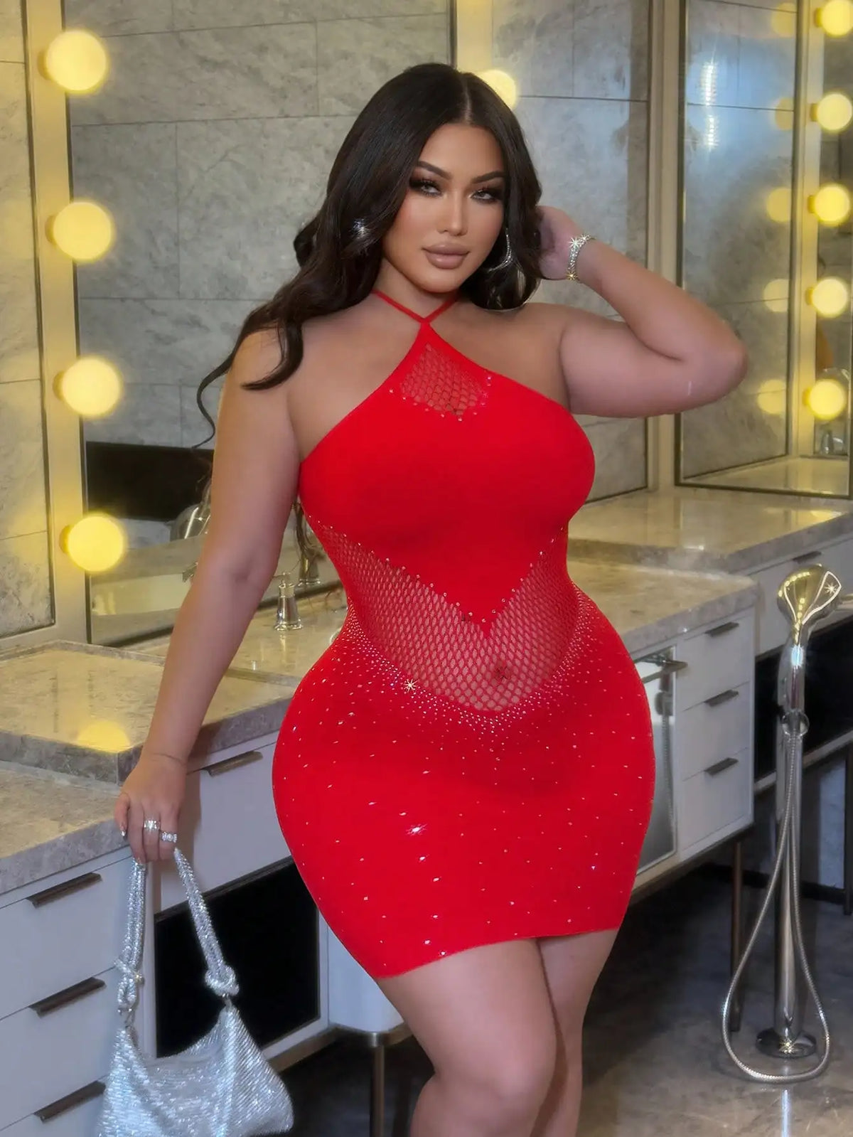 Women Rhinestone Sexy Dress Mesh Hollow Out Fitted Mini Dress Plus Size Sleeveless Skirt Club Party Summer Beach Wear Dress