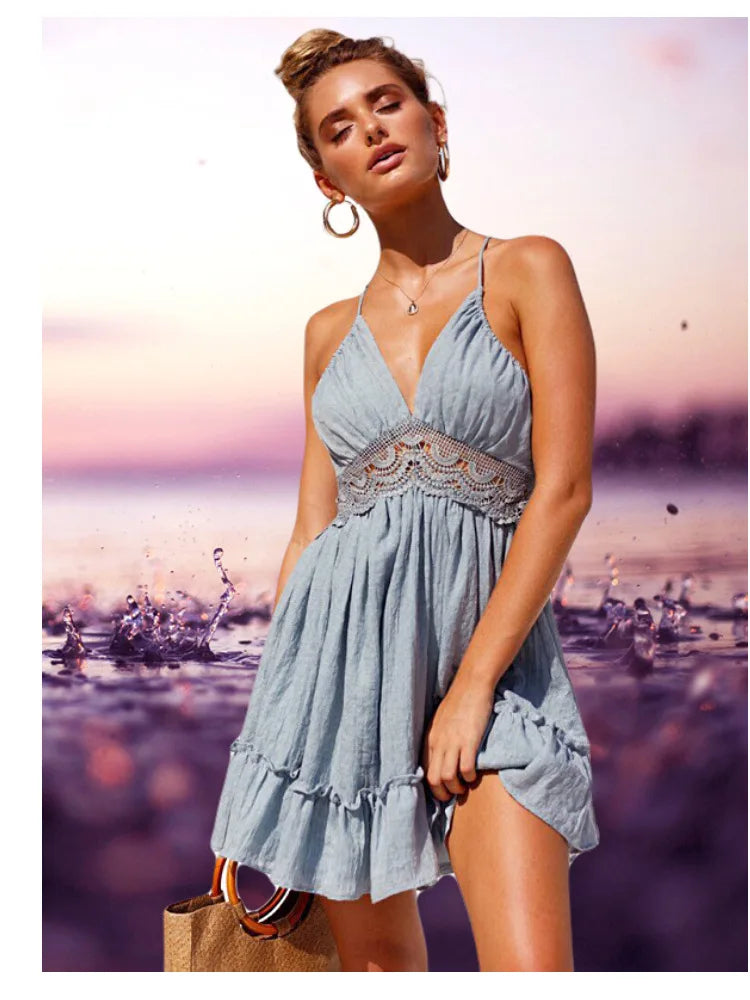 2025 Women Sexy Backless Lace Mini Dress Fashion Elegant V-neck Beach Vacation Sleeveless Dress Summer Party Nightclub Vestidos