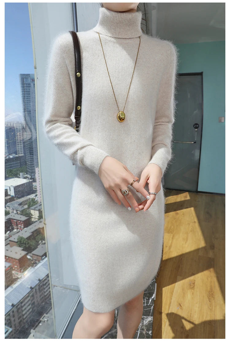 New Hot Selling 100% Mink Cashmere Knitted Women's High Neck Pullover Dress Sweater Slim Fit Solid Color Long Women's Dress