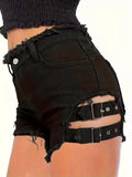 Women's Black Denim Shorts Low Waisted Frayed Hem Adjustable Buckle Straps Cutout Sexy Clubwear Party Mini Hot Pants