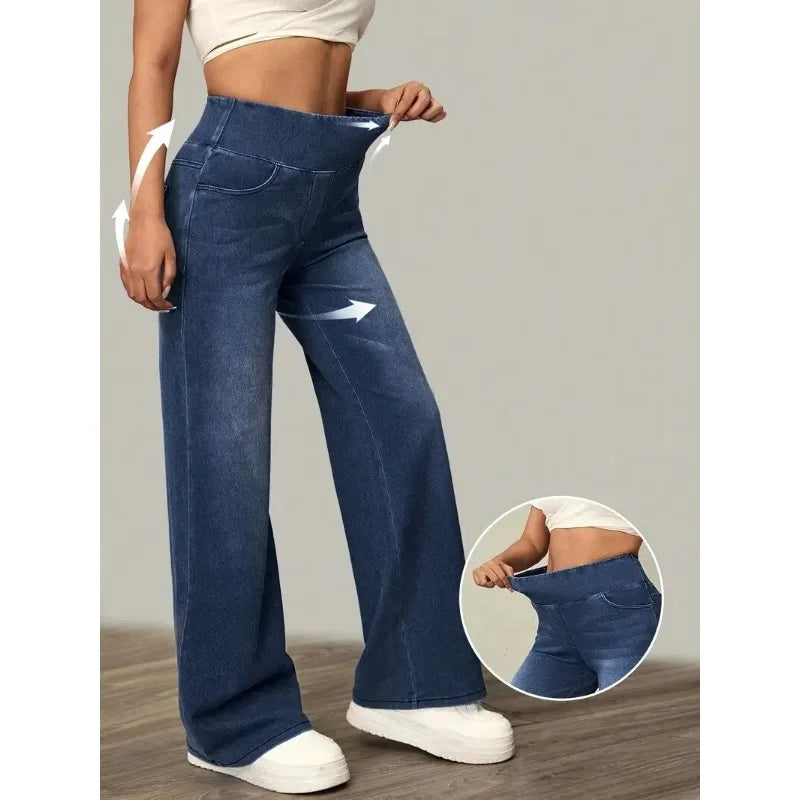 Women's Jeans New Elastic Waist High Stretch Loose Straight-Leg Pants Trendy Comfortable Versatile Cross-Border