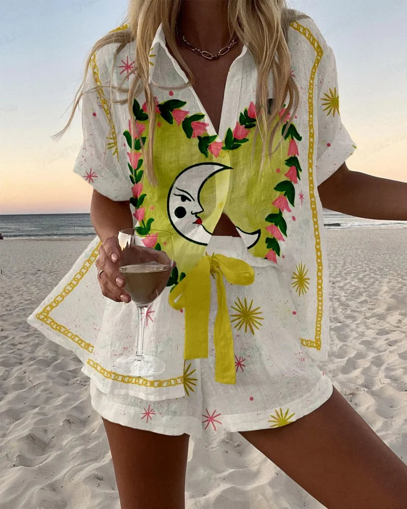 Summer Hot Style Print Beach Holiday 2-Piece Set Women Short Sleeve Shirt Top Wide Legs Short Women's Oversized Two-Piece Sets