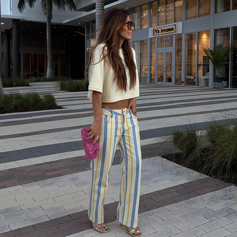 Casual Stripe Contrast Women's Pants Loose Zipper Button Pocket Wide Leg Female Pant 2026 Spring Summer Lady All-match Trousers