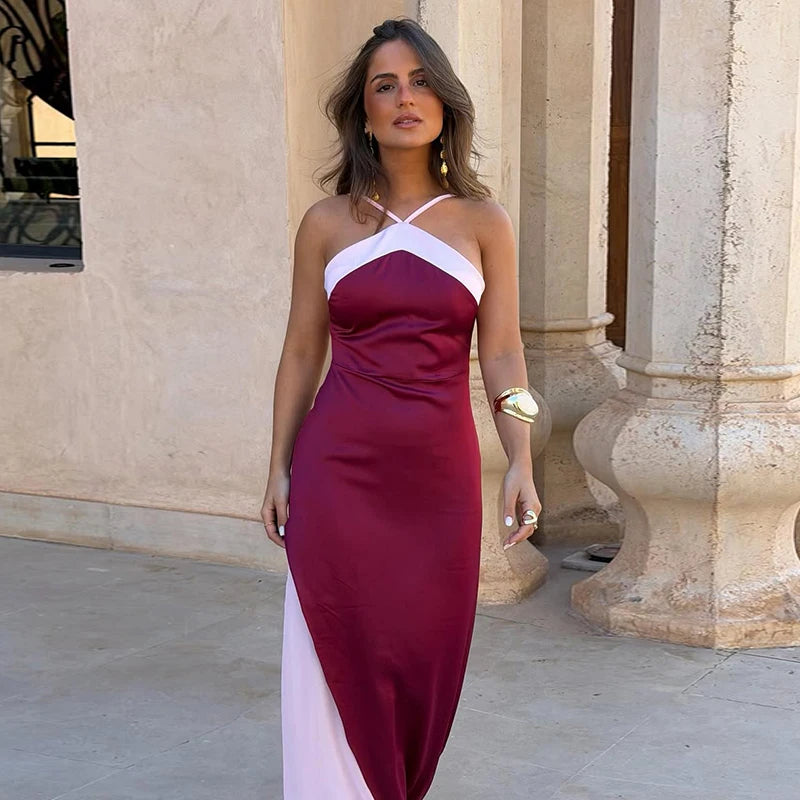 Color Block Twist Bust Slit Maxi Dress Spaghetti Strap Form-Fitting 2026 Summer Fashion Chic Bold Women Wedding Guest Gala Dress