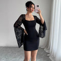 Europe, America 2025 autumn new horn sleeve split end solid color lace splicing square neck hip wrap dress