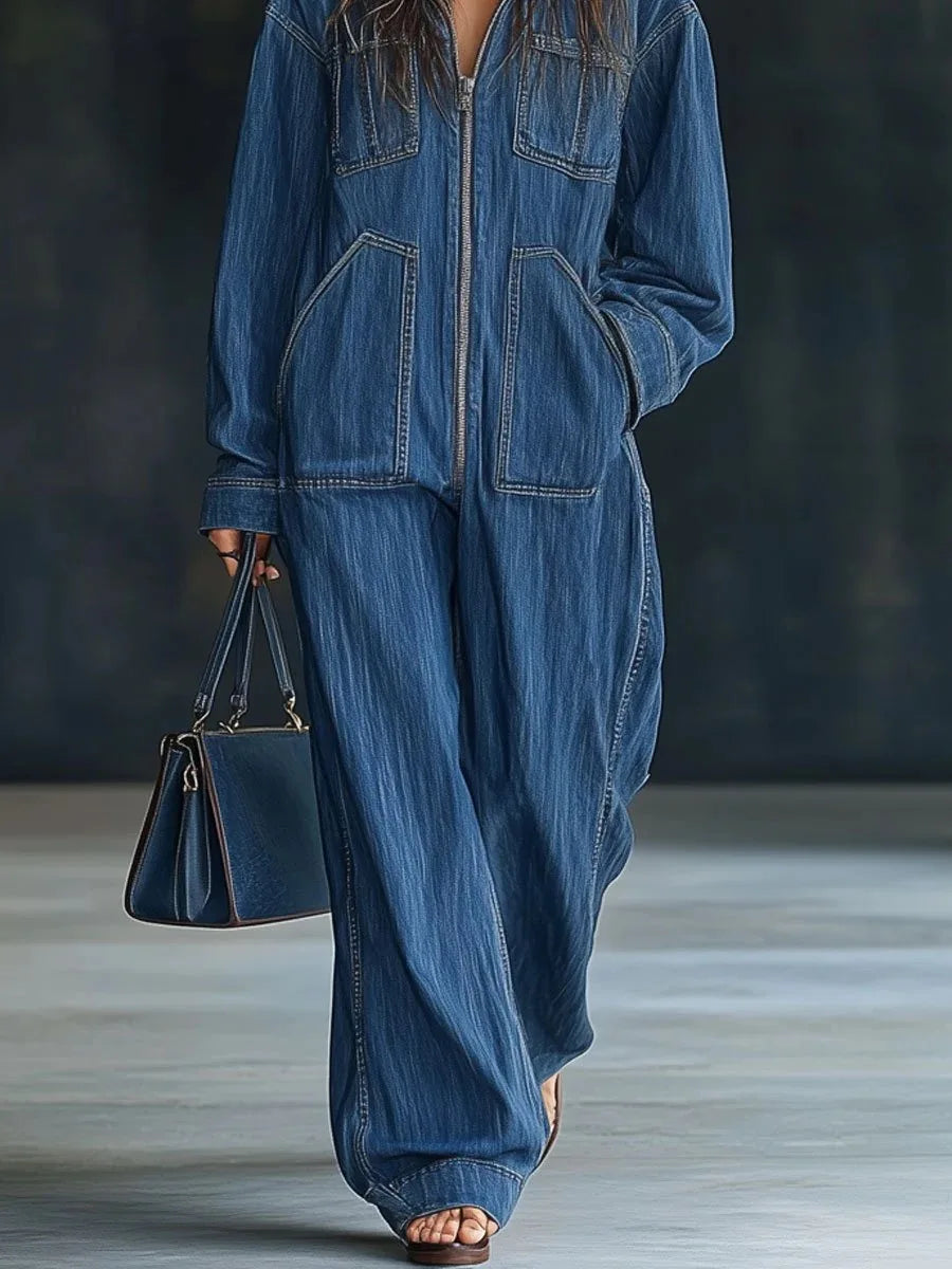 Women Denim Jumpsuits For Autumn Winter Long Sleeve Bandage Loose Fashion Streetwear Overalls Wide Leg Pants Jeans 2025
