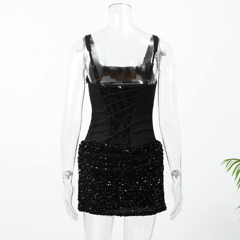 Sexy Sequin Pleated Strapless Mini Dress Women Chic  Scarf Collar Off Shoulder Waist Cinching Dresses Lady Evening Party Gown
