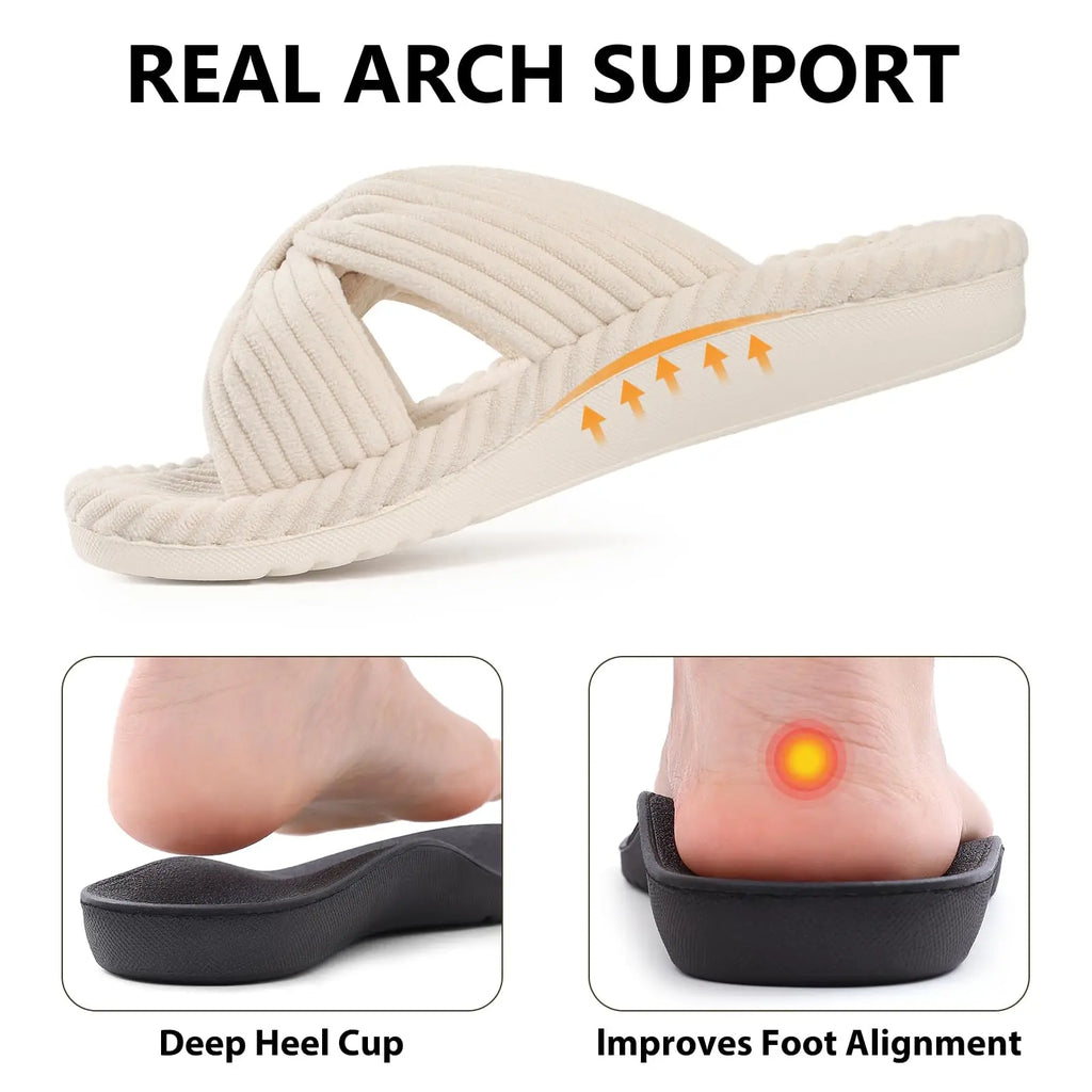Comwarm Orthopedic House Slippers for Women Arch Support Cross Bow Indoor Slippers Corduroy Bedroom Shoes Open Toe Slip On