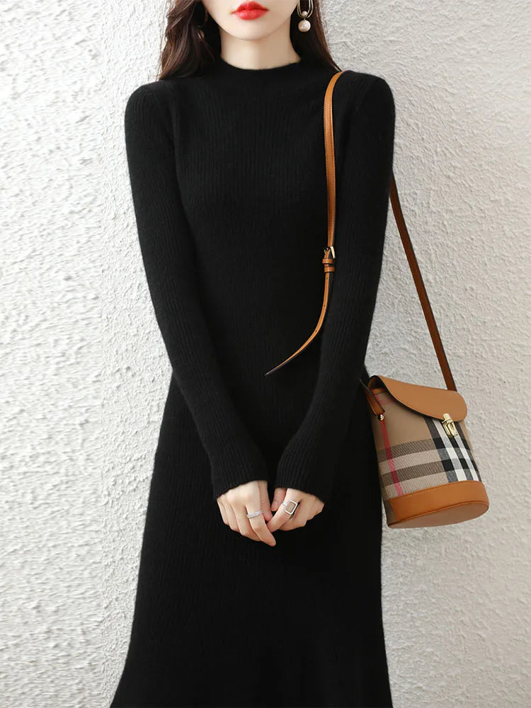 Cashmere Sweater Women's Knitted Dresses 100% Merino Wool O-Neck Elegant Party Dress Autumn Winter Female Pullover Casual Skirts