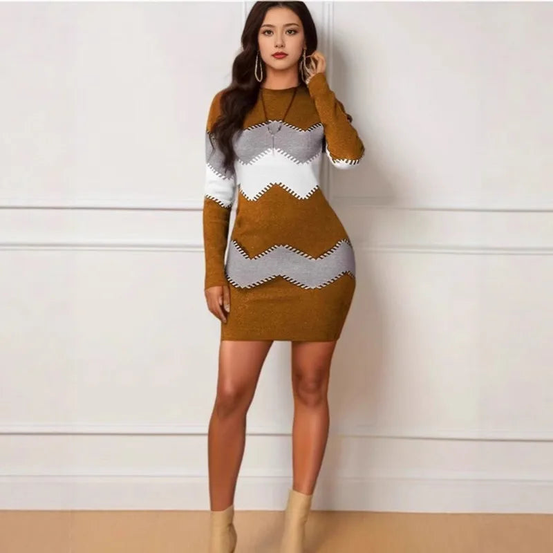 Round Neck Long Sleeve Print Knit Bodycon Midi Dress Women Casual Slim EU US Style Fall Winter Gown
