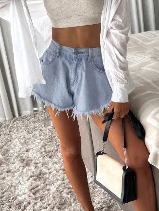 2026 New Women's Umbrella Denim Shorts High Waisted Summer Elastic Tassel Jean Booty Shorts
