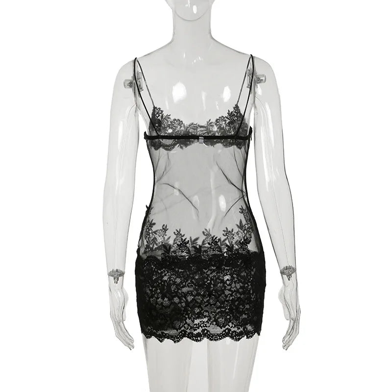 Shestyle Lace Transparent Mini Dress Sexy Women Wrapping Spaghetti Embroidery Flower Sheath Nightwear Club Mesh Wave Fantacy