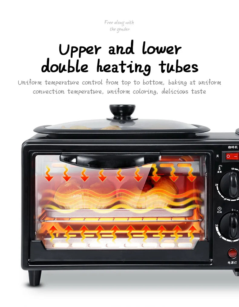 Multi Function 3in1 Breakfast Maker Electric Bread Roast Oven Steaming Coffee Pot Frying Fan In One Machine Kitchen Appliances