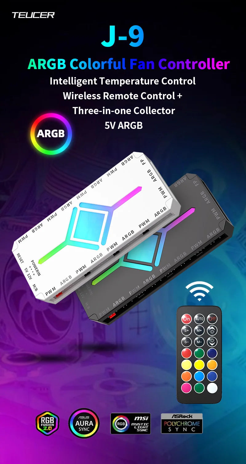 TEUCER Fan Intelligent Temperature Control 5v3 Pin Divine Light Synchronization ARGB Hub PWM HUB Wireless Remote Control