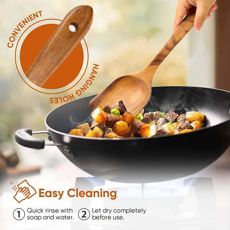 Wooden kitchen utensil cooking set, household spatula spoon set, salad spoon fork, mixing spoon, kitchen baking set
