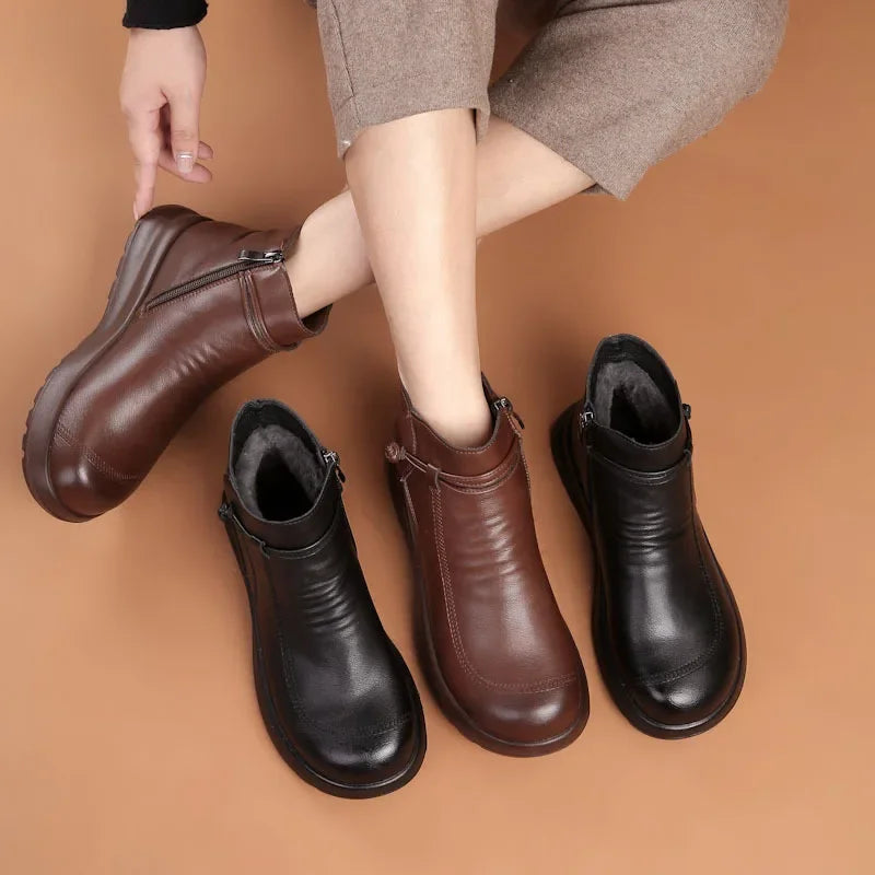 GKTINOO Fashion Winter Women Genuine Leather Ankle Boots Female Thick Wool Warm Snow Boots Mother Waterproof Non-slip Booties