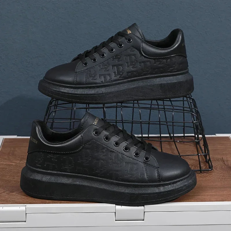 2026 Men's Casual Shoes Spring and Autumn Flat-soled Casual Leather Shoes Sports Shoes Black and White Men's Thick-soled Shoes