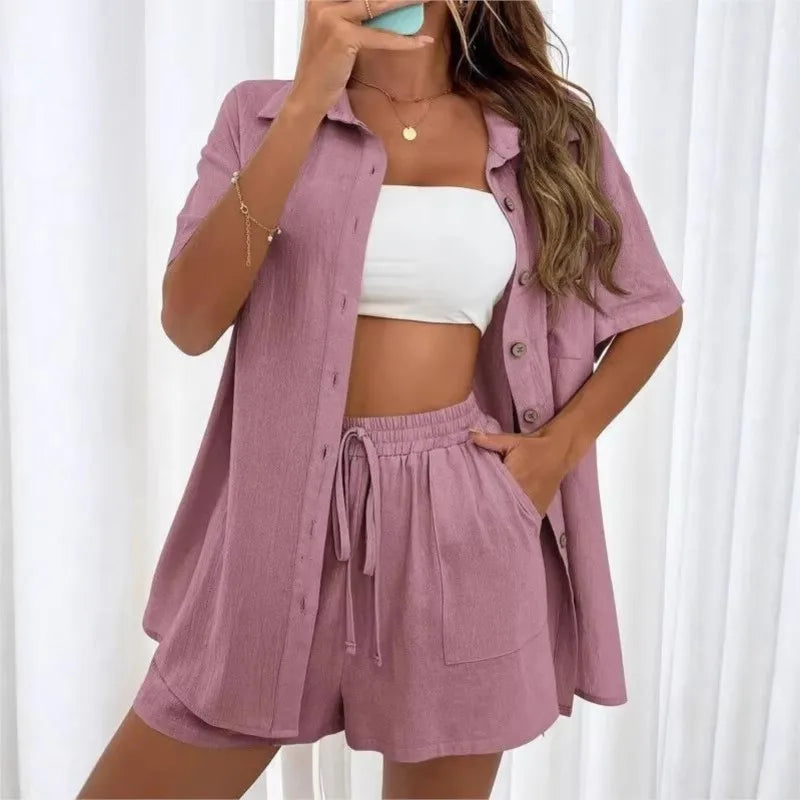 Solid Color Casual Fashion Loose Short Pants Sets For Women Elegant Summer Women's Long Sleeve Single breasted Two Pieces