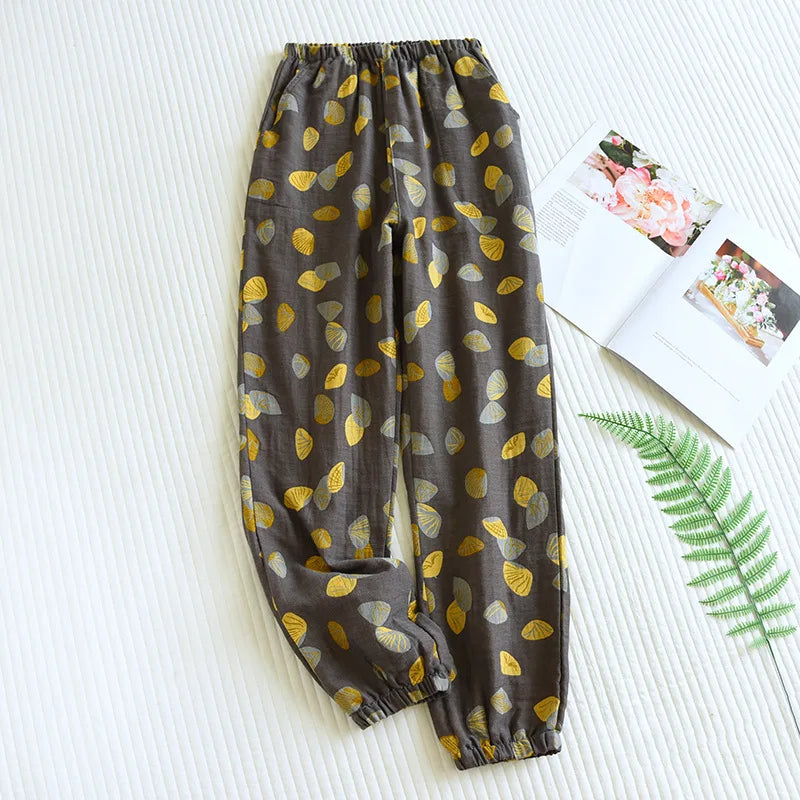 2026 New Spring Summer Women's Pajamas 100% Cotton Crepe Pants Women's Comfortable Loose Large Leaf Home Pants Thin bottoms