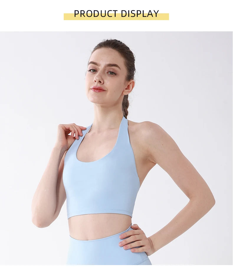 Sports Top Women Sexy Hanging Neck Yoga Bra High Intensity Shockproof Fixed Chest Pad Running Fitness Outdoor Leisure Yoga Vest