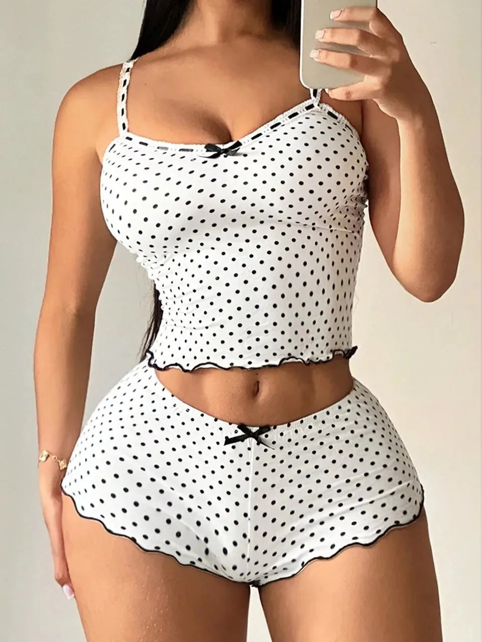 Women's Polka Dot Cami & Shorts Pajama Set Summer Sexy Breathe Tank Top Sleepwear 2 Piece Set Casual Soft Lounge Wear