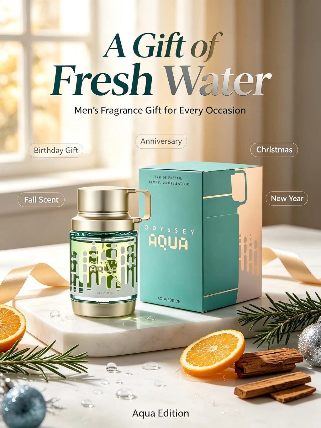 Armaf Odyssey Aqua Men's EDP, 3.4 Oz/100ml, 1 Bottle, Fresh Aquatic Aromatic Long Lasting Cologne, Men's Fragrance Gift, Birthday, Anniversary, Fall, Thanksgiving, Black Friday, Christmas, New Year Holiday Gift