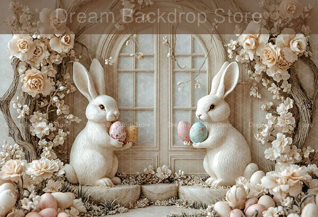 Spring Easter Background Photography Cute Rabbit Carrot Bunny Egg House Backdrop Decor for Kids Birthday Cake Smash Photo Studio
