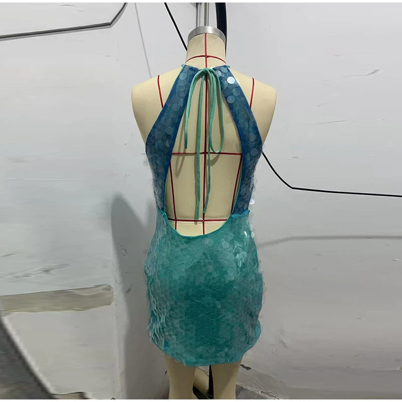 Sequins Halter Hollow Out Dress Women's Sexy Backless Sleeveless Contrast Color Mini Dresses 2026 Summer New Lady Beach Robes