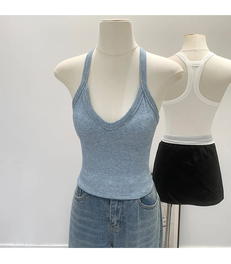 American Style Sexy V-neck Neck Hanging Vest Women's Slim Fit Summer New Unique Beautiful Small Strap Nylon Fabric Breathable